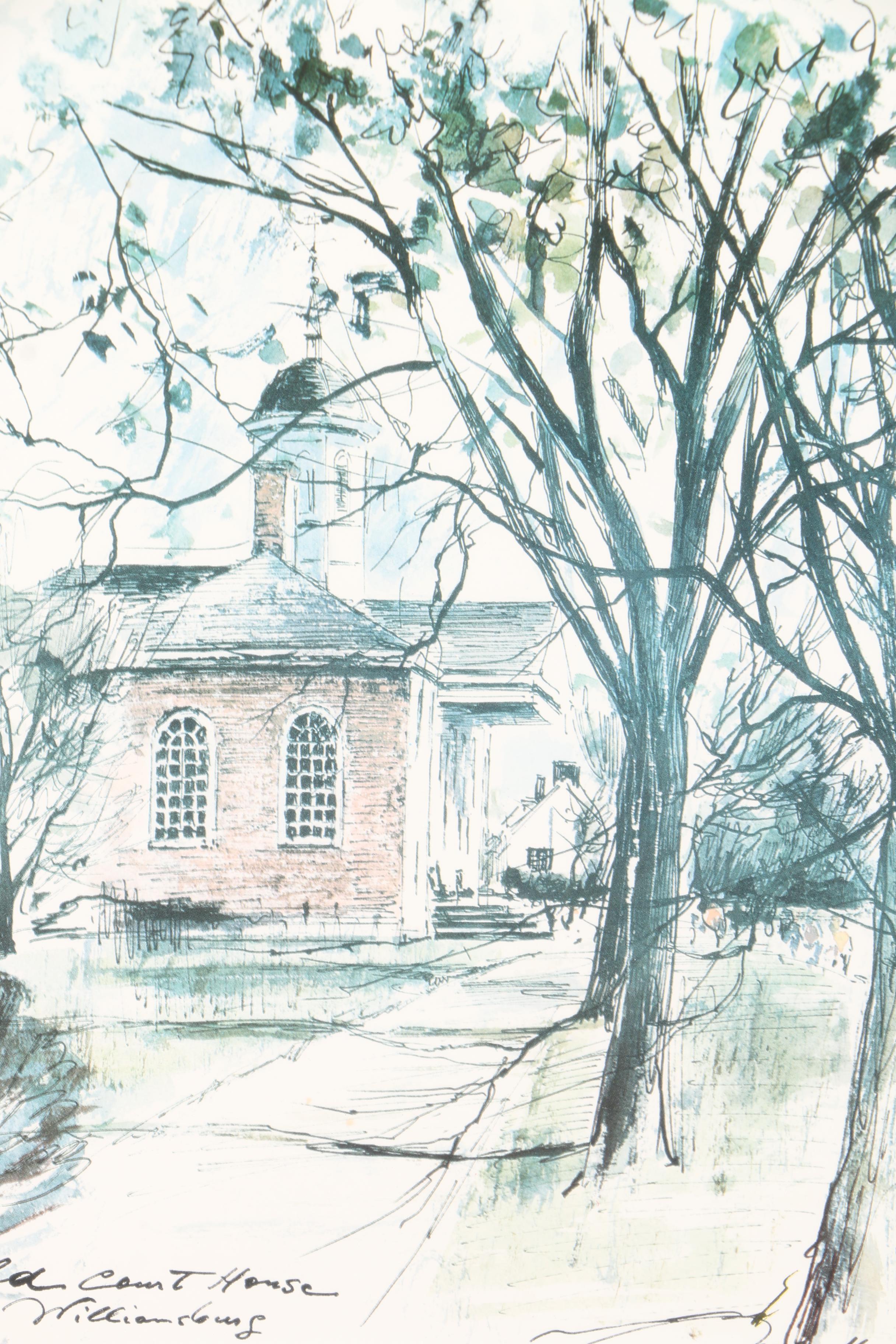 Offset Lithographs After John Haymson "Old Court House Williamsburg" and "The Raleigh Tavern"