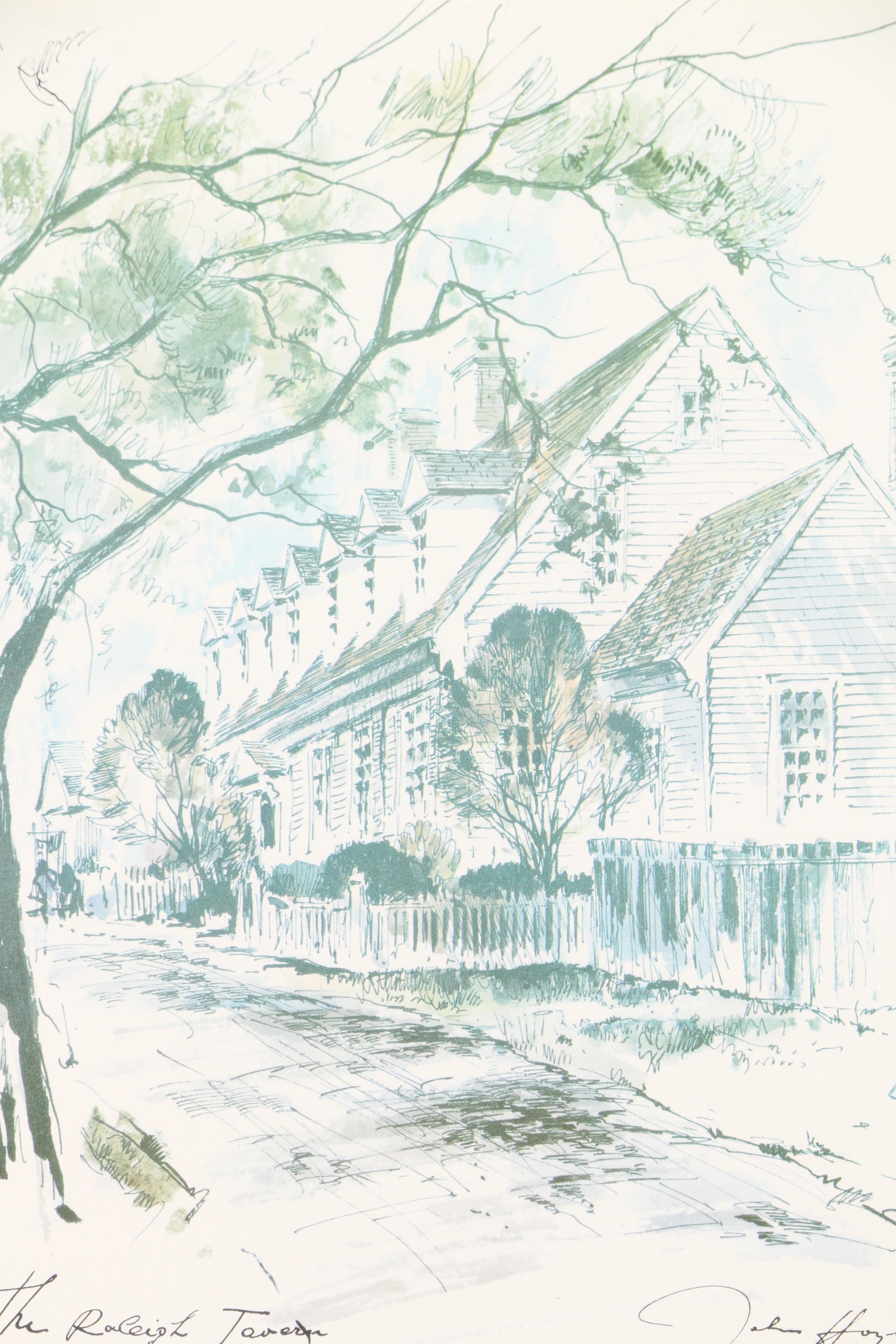 Offset Lithographs After John Haymson "Old Court House Williamsburg" and "The Raleigh Tavern"
