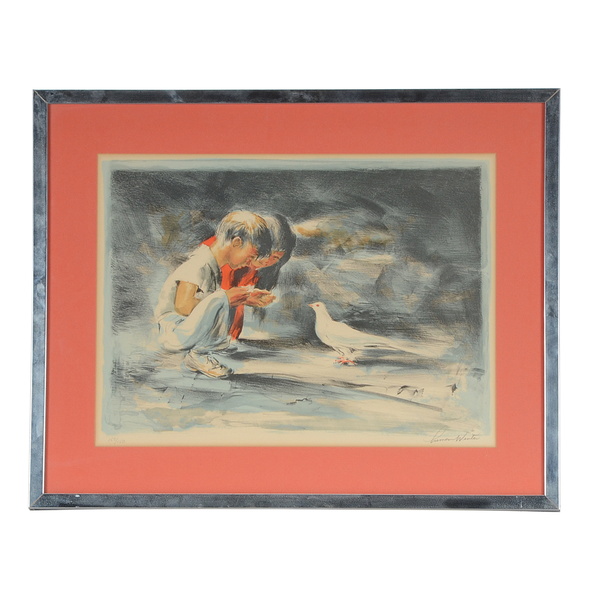 Vintage Hand-Pulled Color Lithograph of Children with Dove