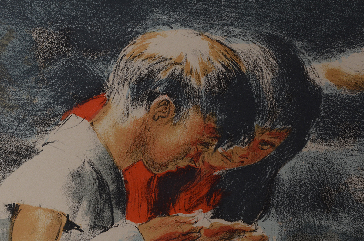 Vintage Hand-Pulled Color Lithograph of Children with Dove