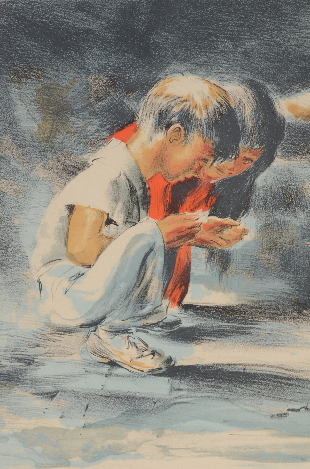 Vintage Hand-Pulled Color Lithograph of Children with Dove