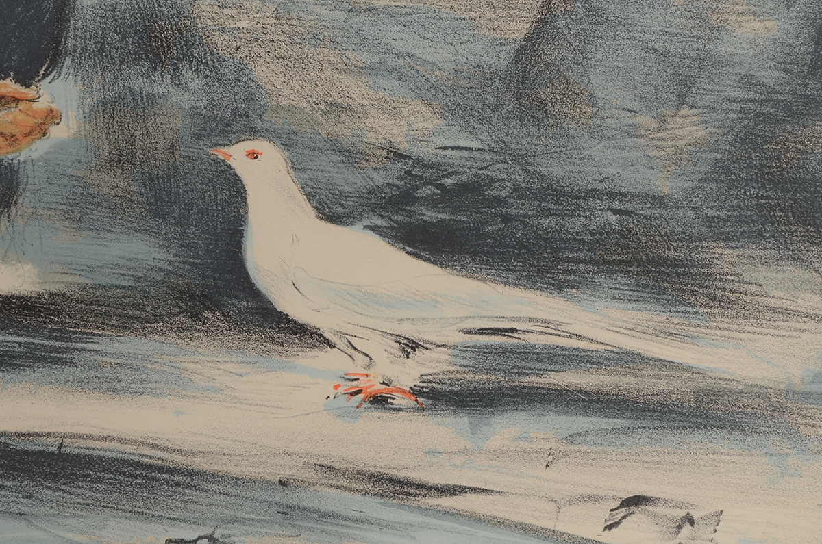 Vintage Hand-Pulled Color Lithograph of Children with Dove