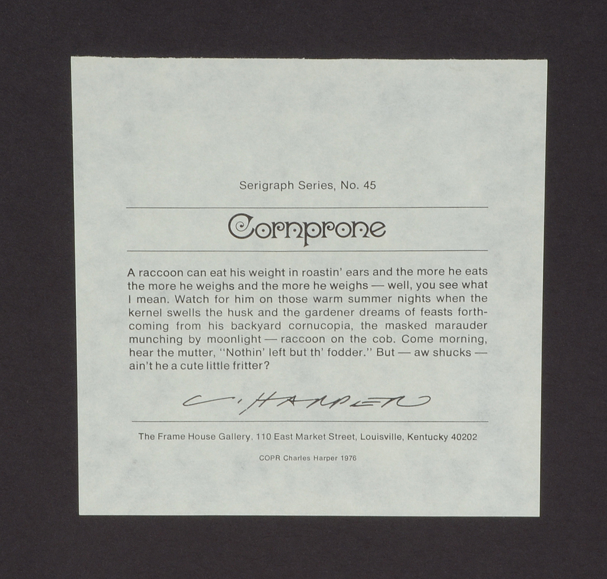 Charley Harper Signed Limited Edition Serigraph "Cornprone"