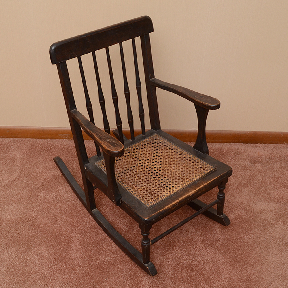 Antique Child Sized Rocking Chair With Cane Seat
