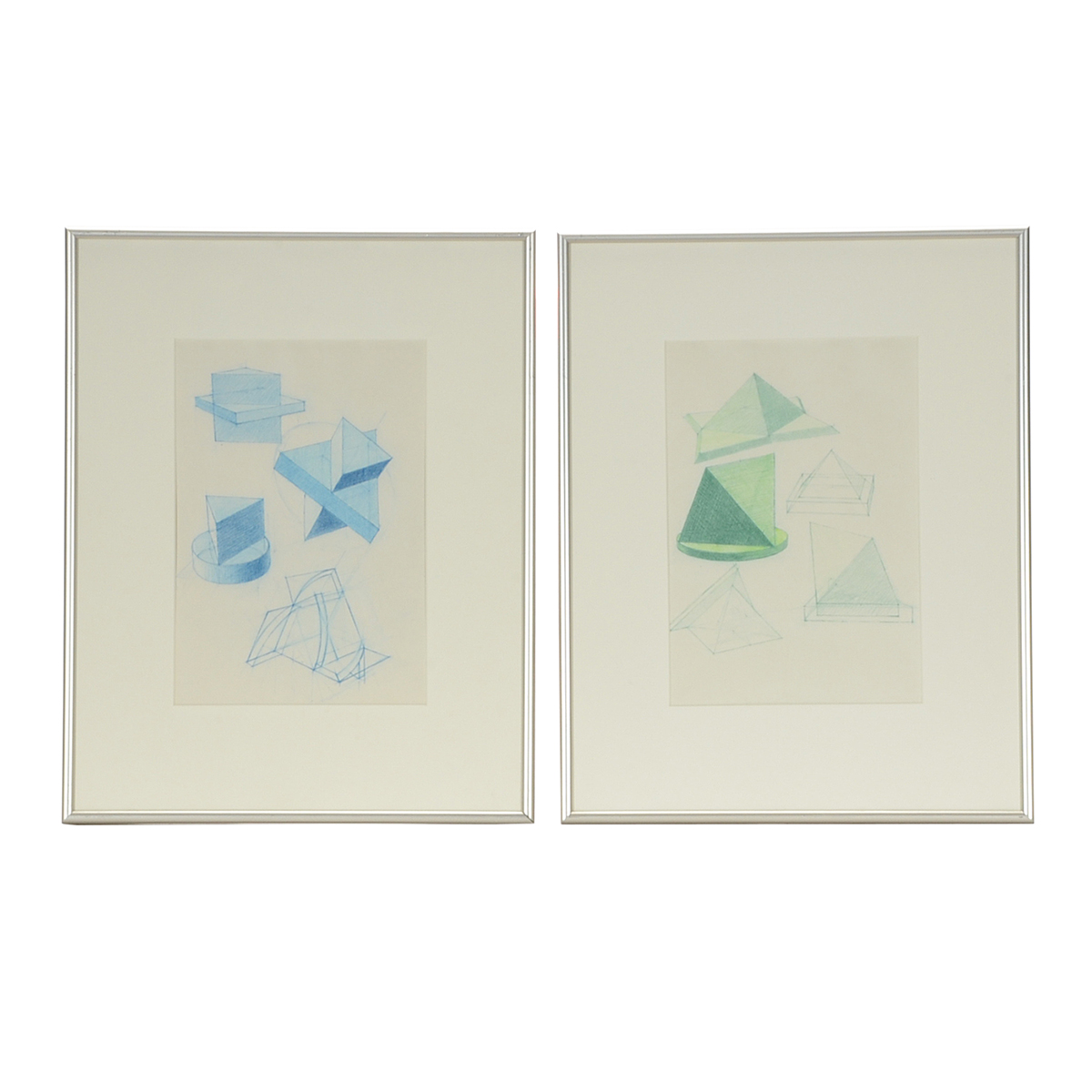 Two Derrick Woodham Original 1984 Colored Pencil Sculpture Studies "Blue II" & "Green II"