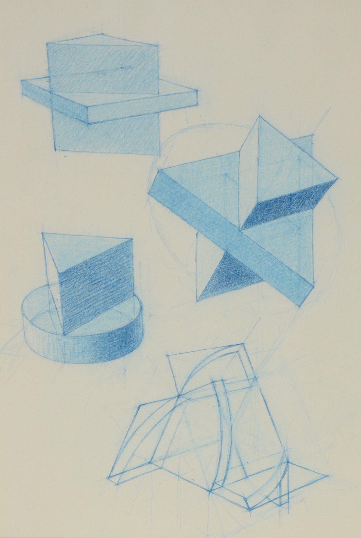 Two Derrick Woodham Original 1984 Colored Pencil Sculpture Studies "Blue II" & "Green II"