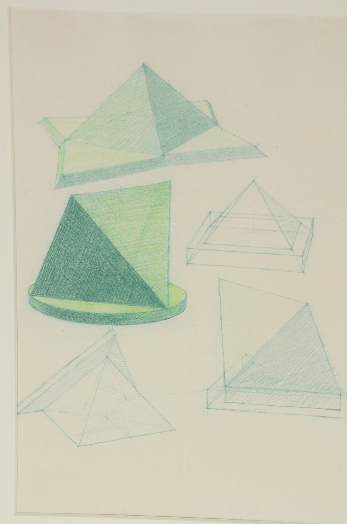 Two Derrick Woodham Original 1984 Colored Pencil Sculpture Studies "Blue II" & "Green II"