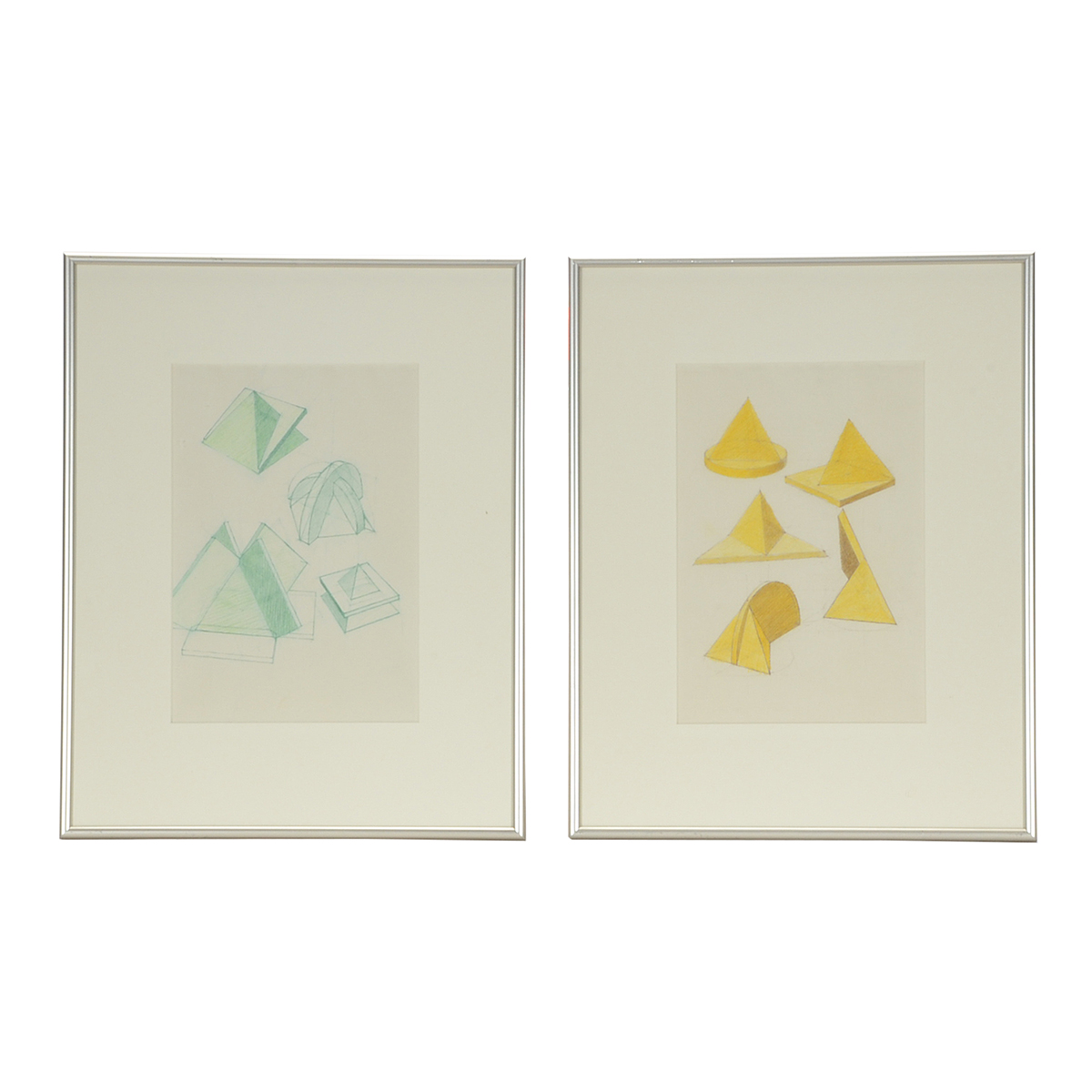 Two Derrick Woodham Original 1984 Colored Pencil Sculpture Studies "Yellow II" & "Green I"