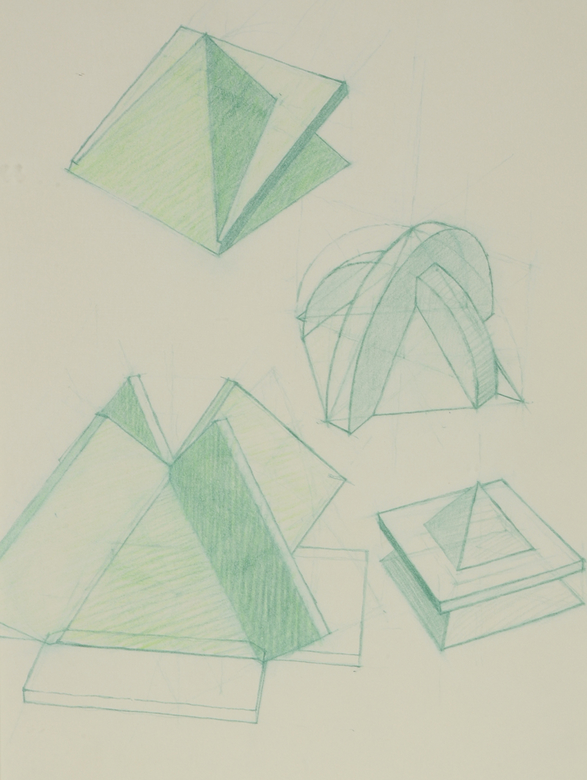 Two Derrick Woodham Original 1984 Colored Pencil Sculpture Studies "Yellow II" & "Green I"