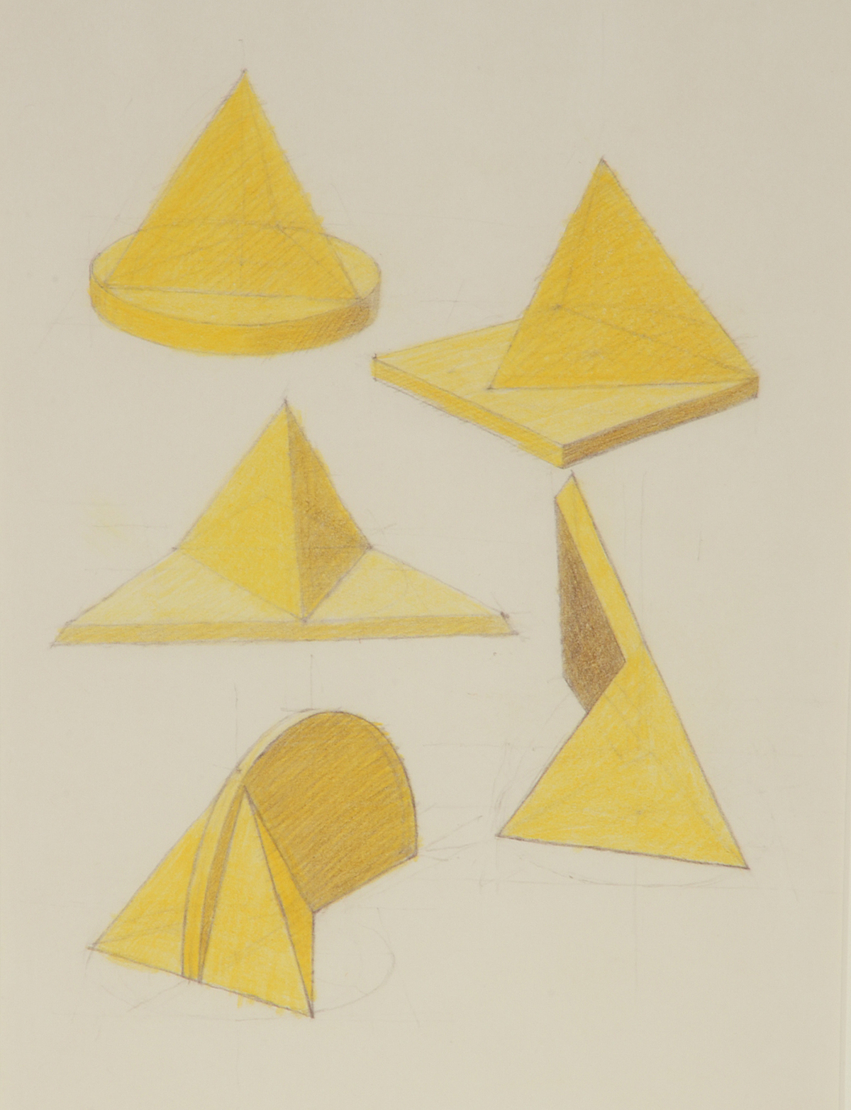Two Derrick Woodham Original 1984 Colored Pencil Sculpture Studies "Yellow II" & "Green I"