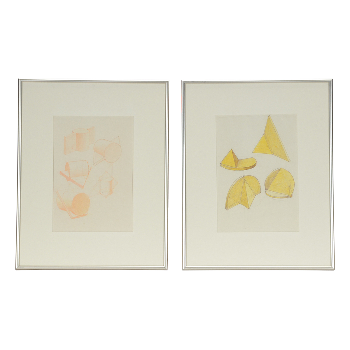 Two Derrick Woodham Original 1984 Colored Pencil Sculpture Studies "Orange II" & "Yellow I"