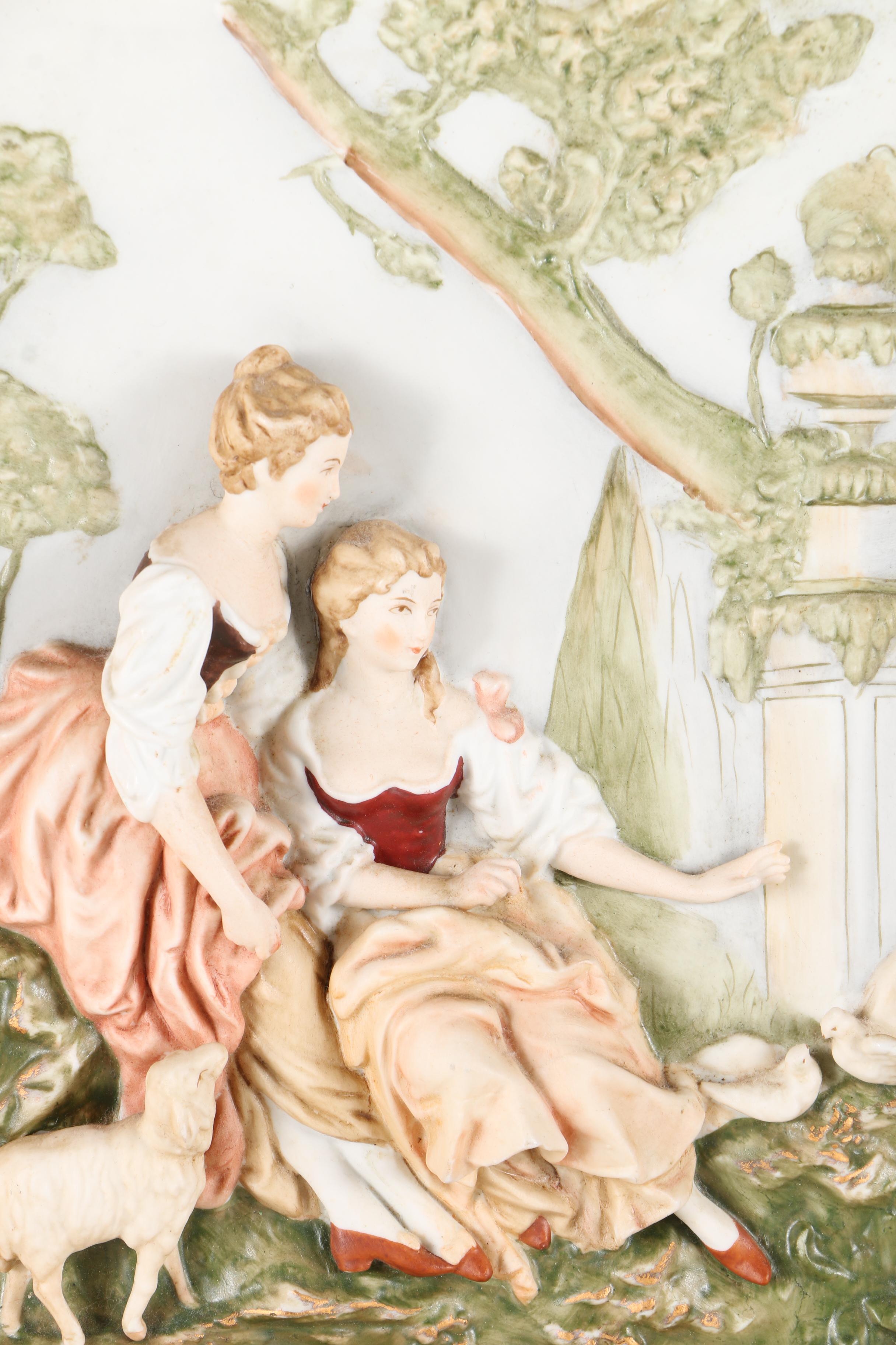 Framed Porcelain Relief Sculpture of Women