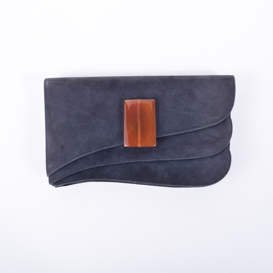 Vintage Charles Jourdan Suede Clutch with Amber Glass Embellishment