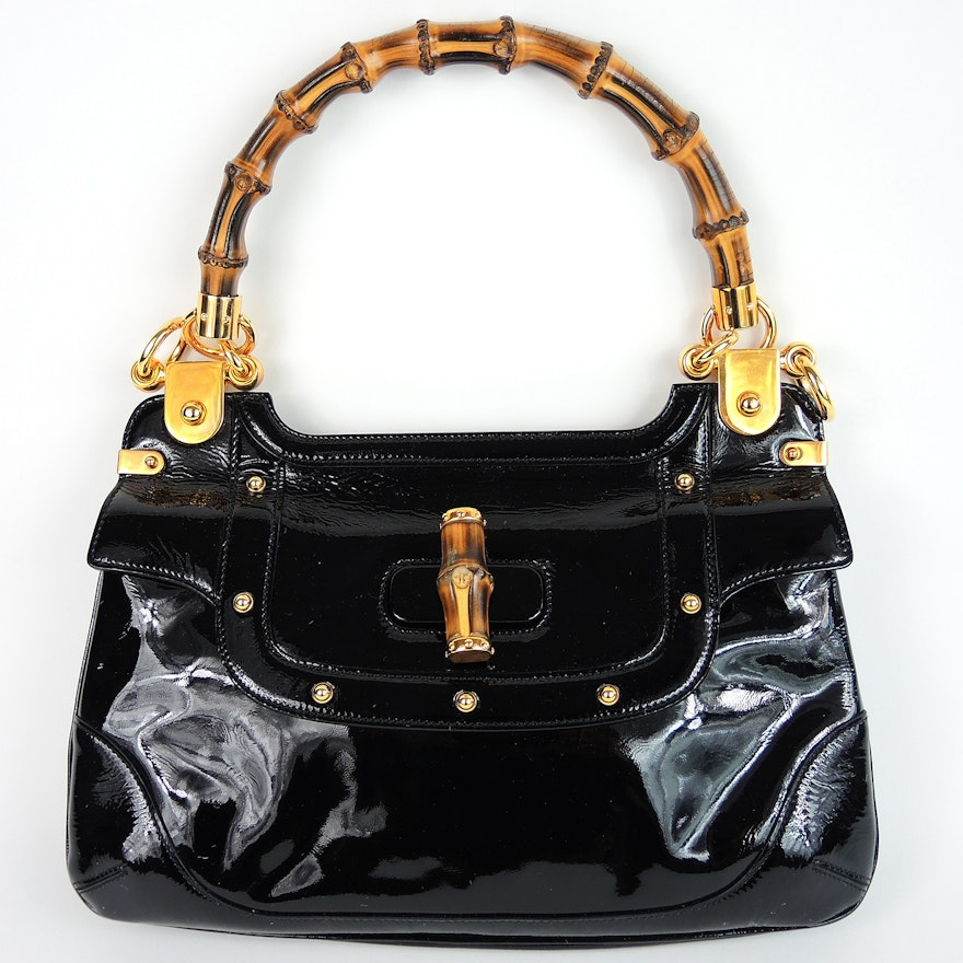 Gucci Black Patent Leather Bamboo Handbag