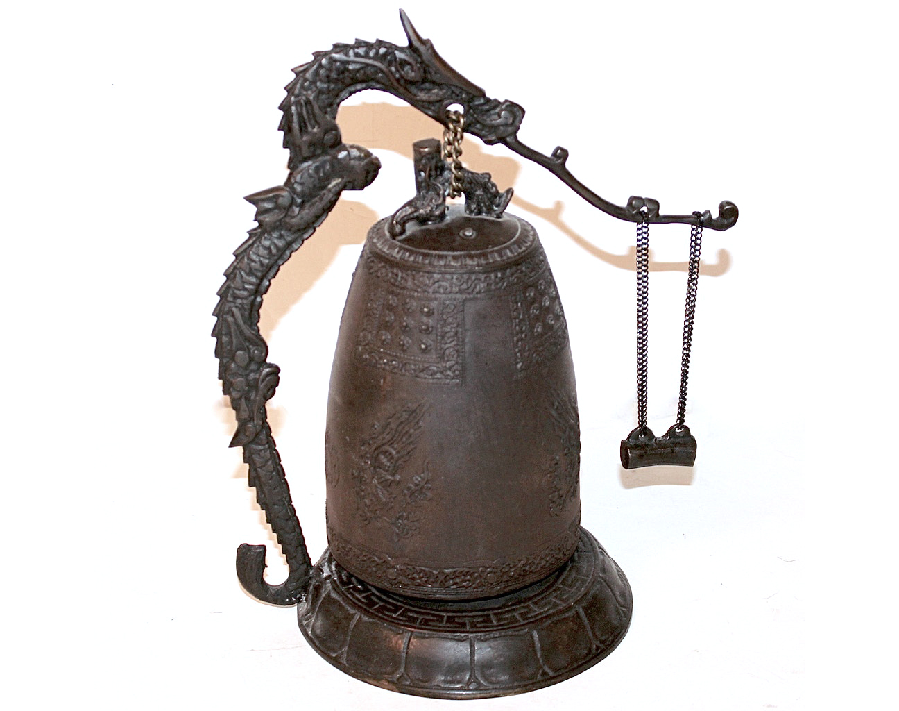 Asian Decorative Cast Metal Bell in Dragon Stand