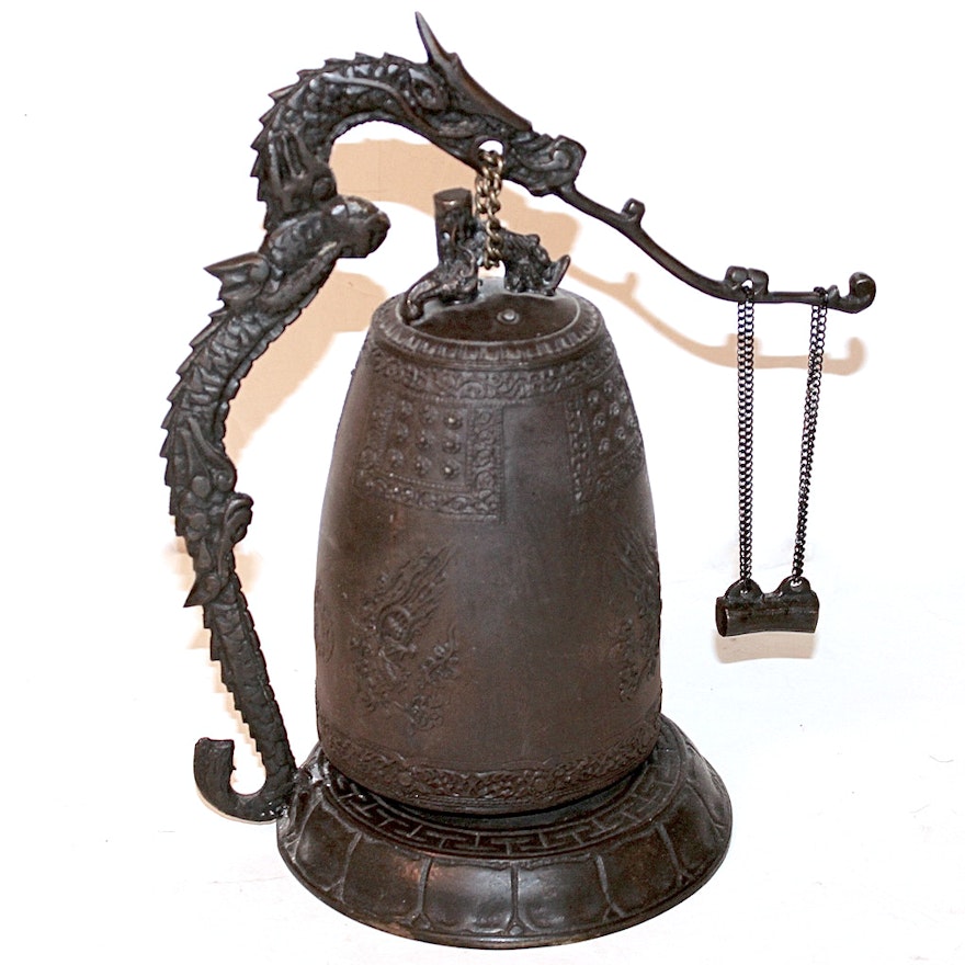 Asian Decorative Cast Metal Bell in Dragon Stand