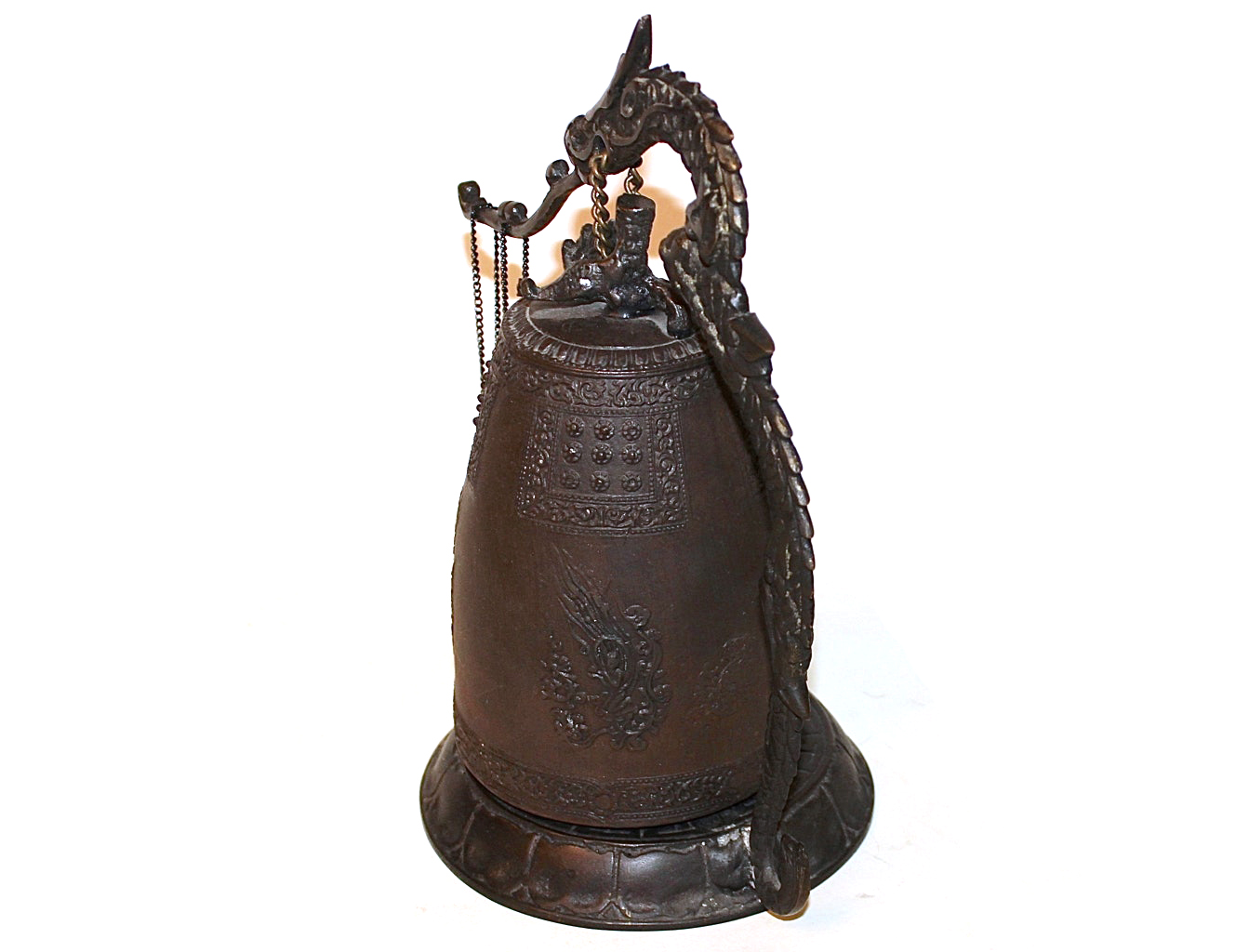 Asian Decorative Cast Metal Bell in Dragon Stand