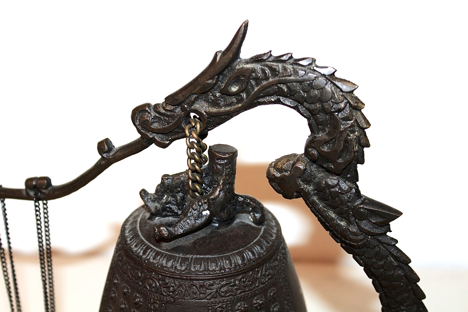 Asian Decorative Cast Metal Bell in Dragon Stand