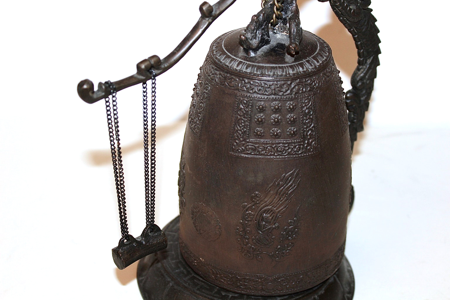 Asian Decorative Cast Metal Bell in Dragon Stand