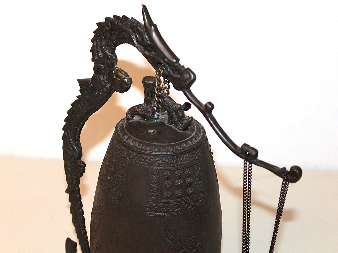 Asian Decorative Cast Metal Bell in Dragon Stand