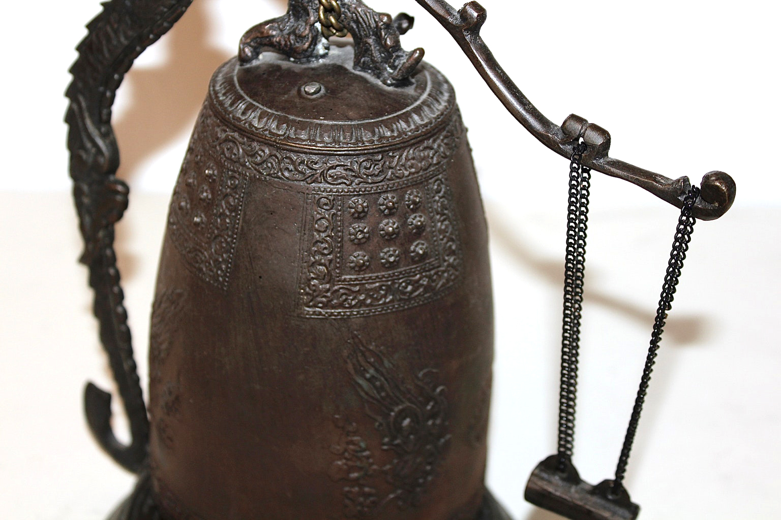 Asian Decorative Cast Metal Bell in Dragon Stand