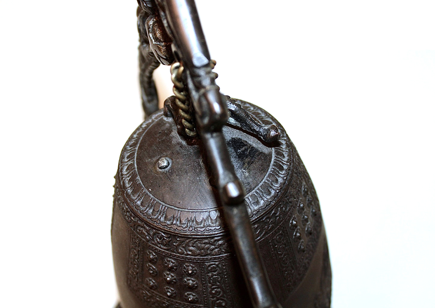 Asian Decorative Cast Metal Bell in Dragon Stand