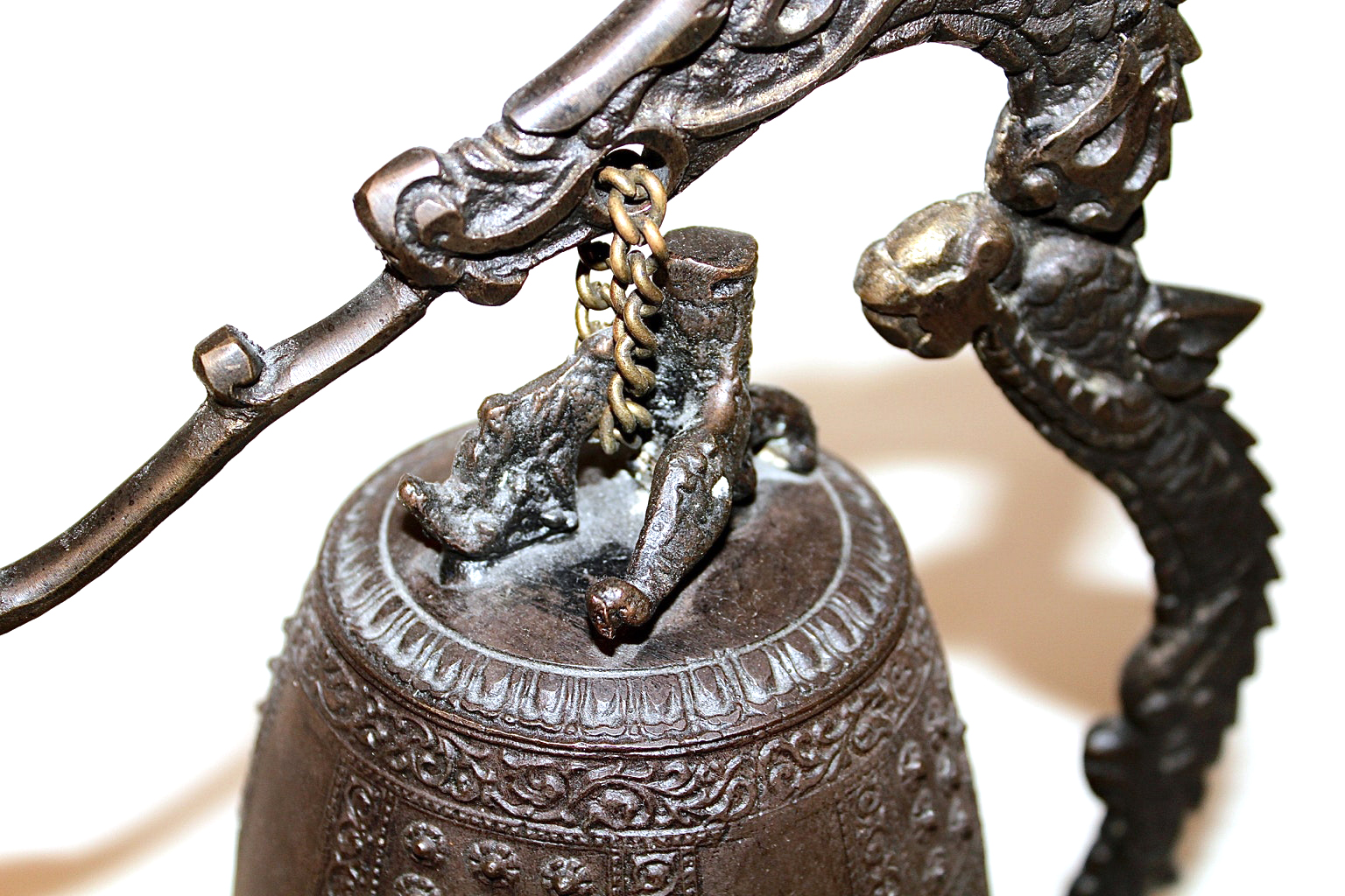 Asian Decorative Cast Metal Bell in Dragon Stand