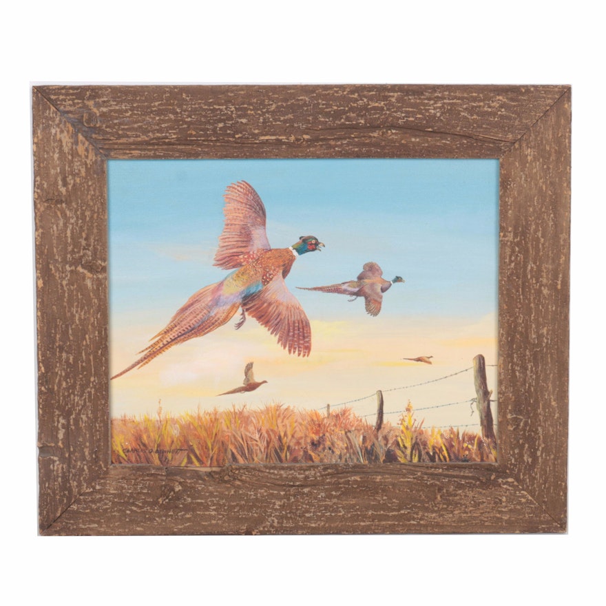 Charles O. Bennett Oil Painting on Canvas Board of Pheasants in Flight
