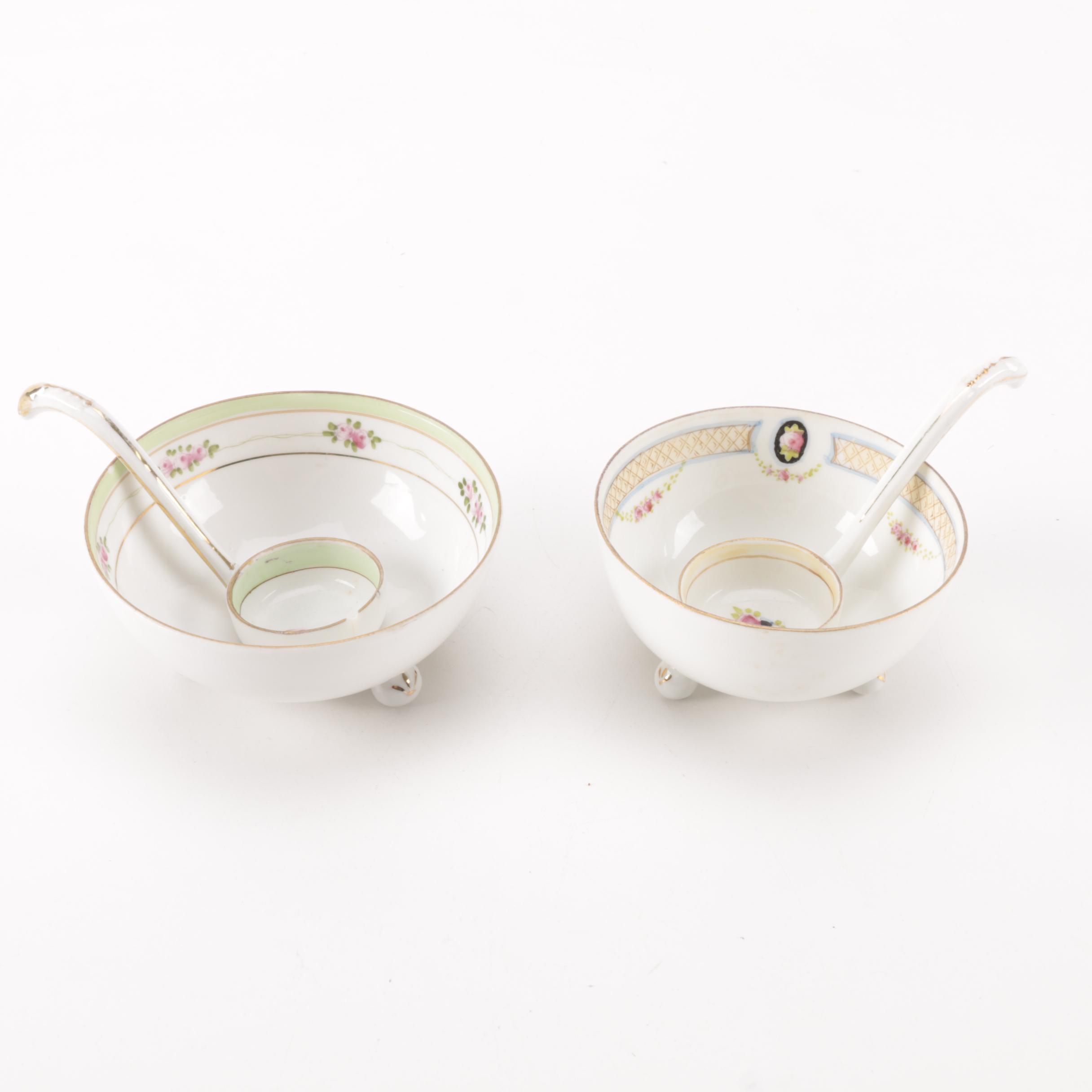 Noritake and Nippon Footed Condiment Bowls With Ladles