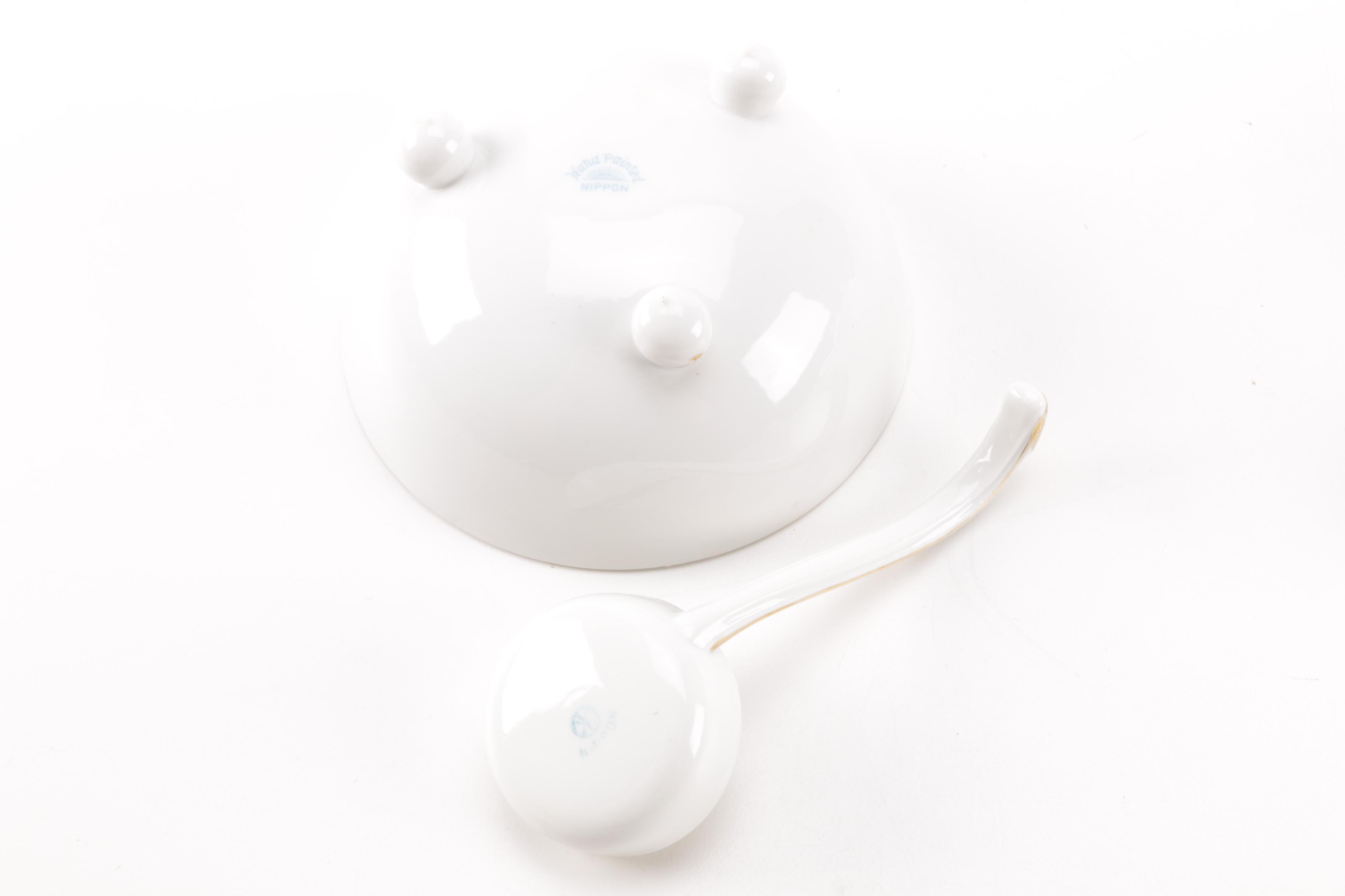 Noritake and Nippon Footed Condiment Bowls With Ladles