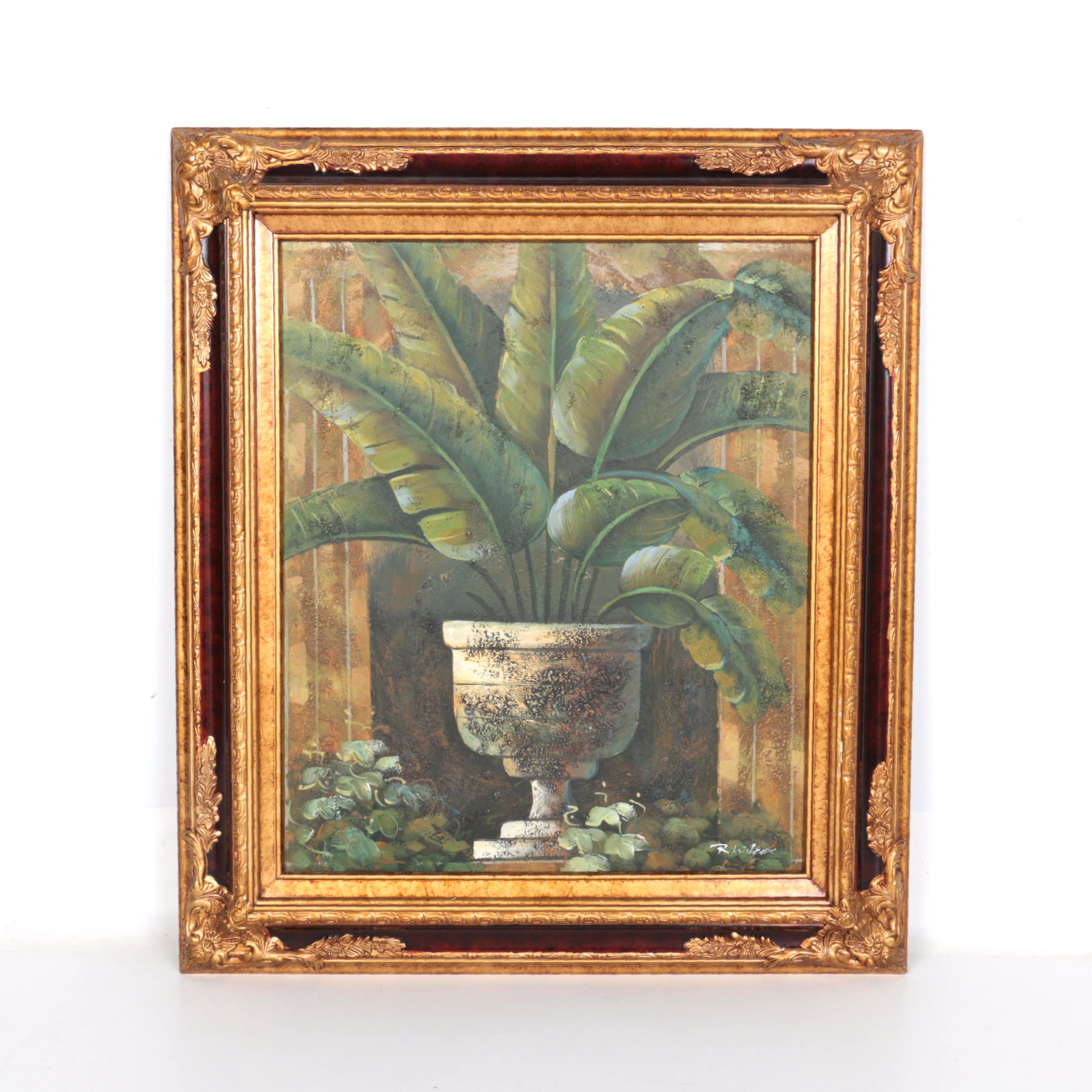 R. Wilcox Oil Painting on Canvas of a Potted Palm