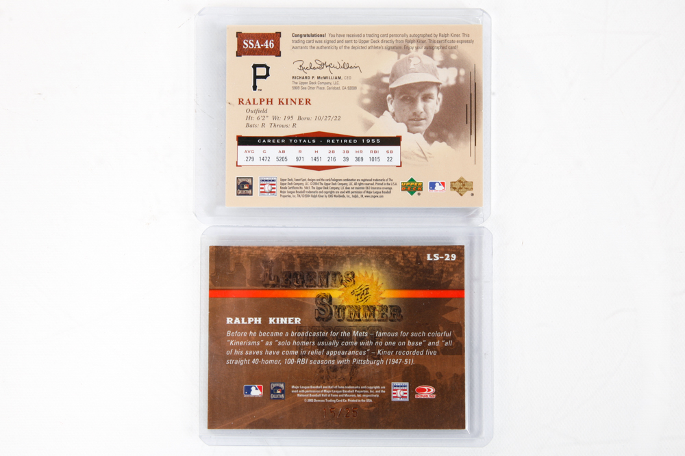 Ralph Kiner Autographed Baseball and Relic Cards