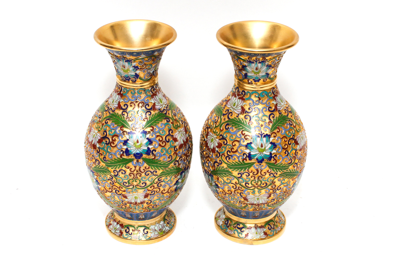 Pair of Gilded Chinese Cloisonné Relief Vases