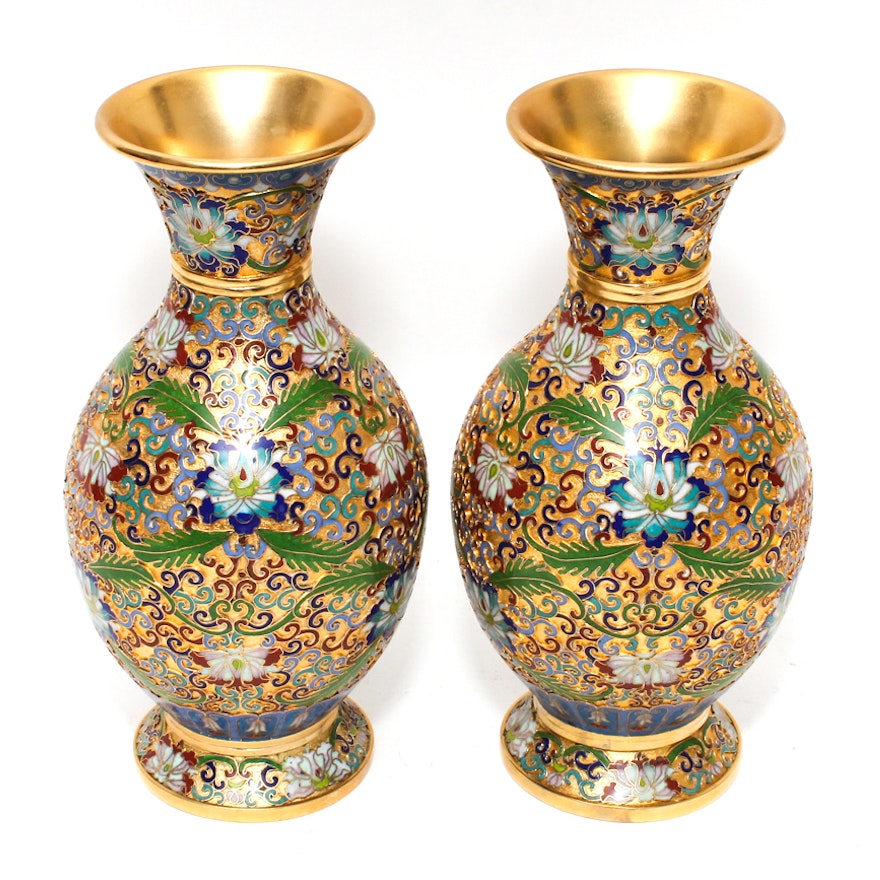 Pair of Gilded Chinese Cloisonné Relief Vases