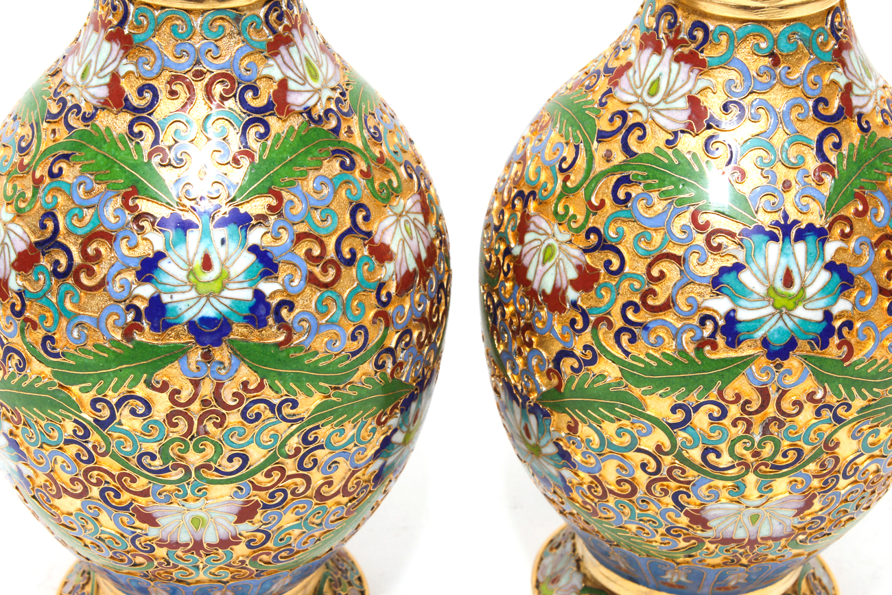 Pair of Gilded Chinese Cloisonné Relief Vases