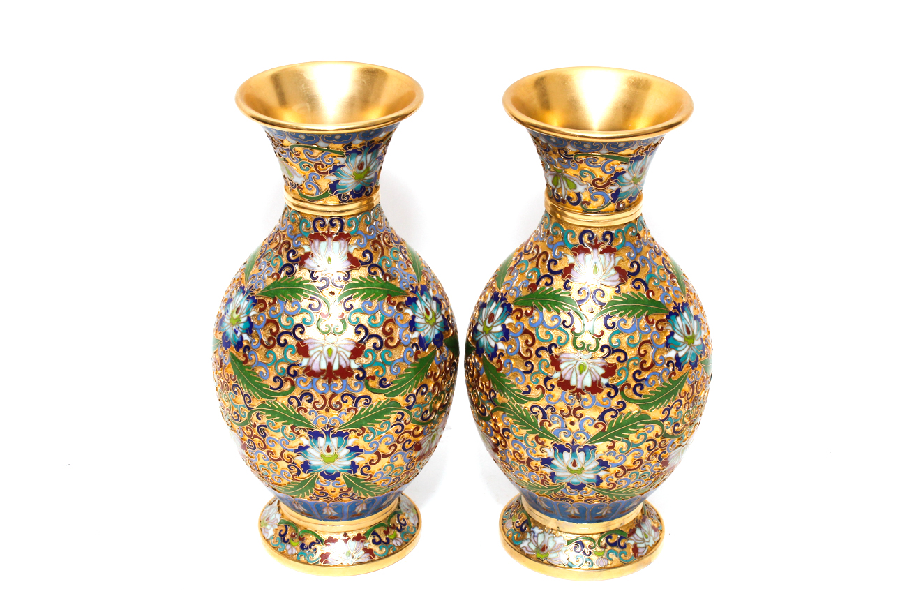 Pair of Gilded Chinese Cloisonné Relief Vases