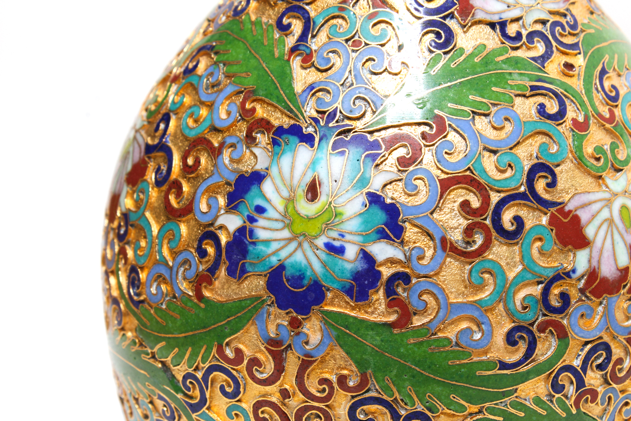 Pair of Gilded Chinese Cloisonné Relief Vases