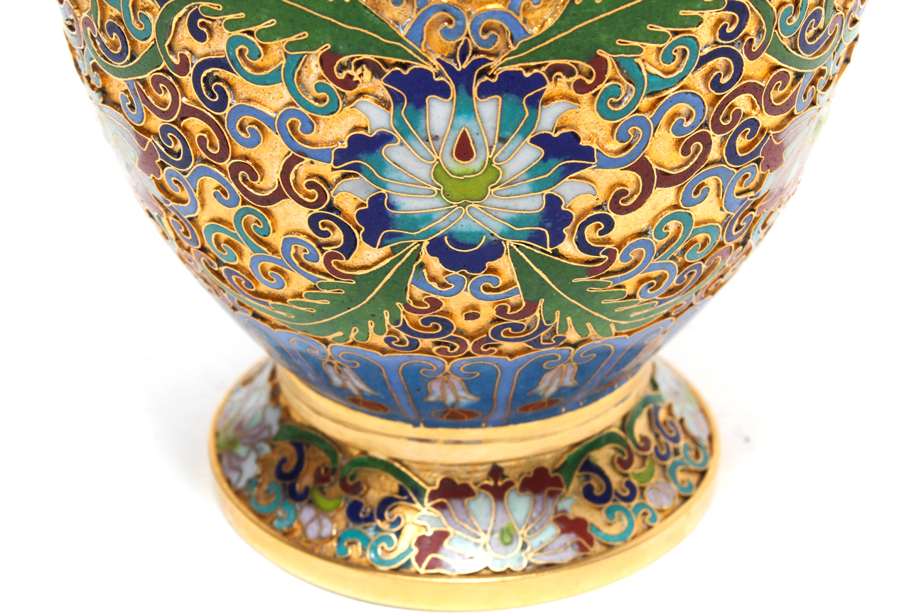 Pair of Gilded Chinese Cloisonné Relief Vases