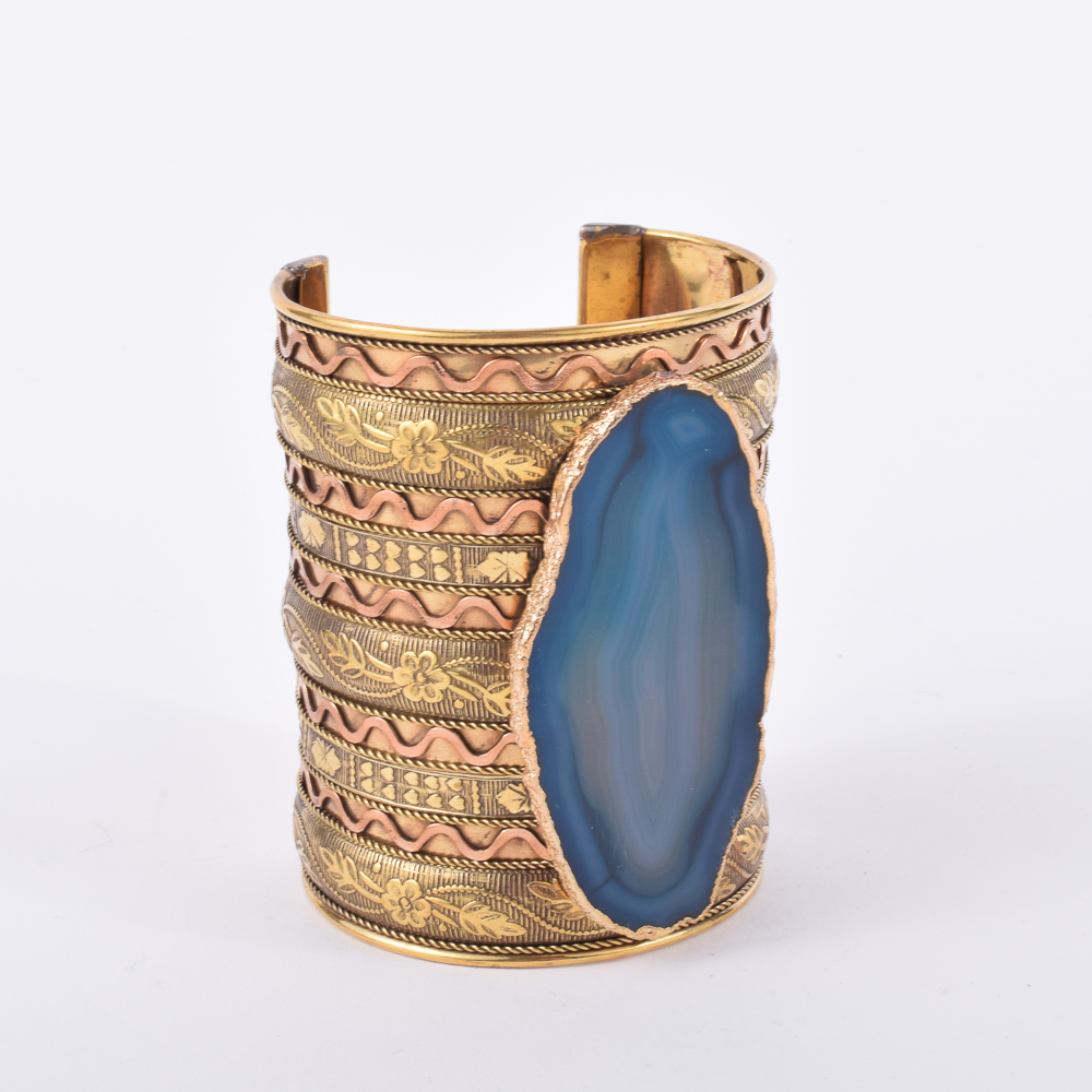 Handmade Wide Brass Cuff Bracelet with Agate Embellishment