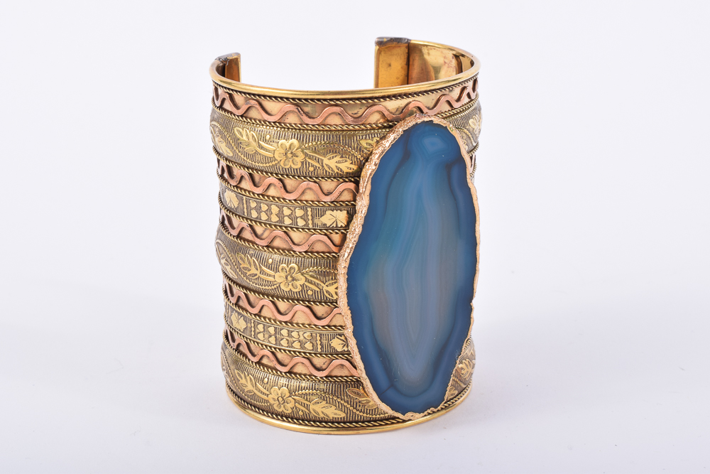 Handmade Wide Brass Cuff Bracelet with Agate Embellishment