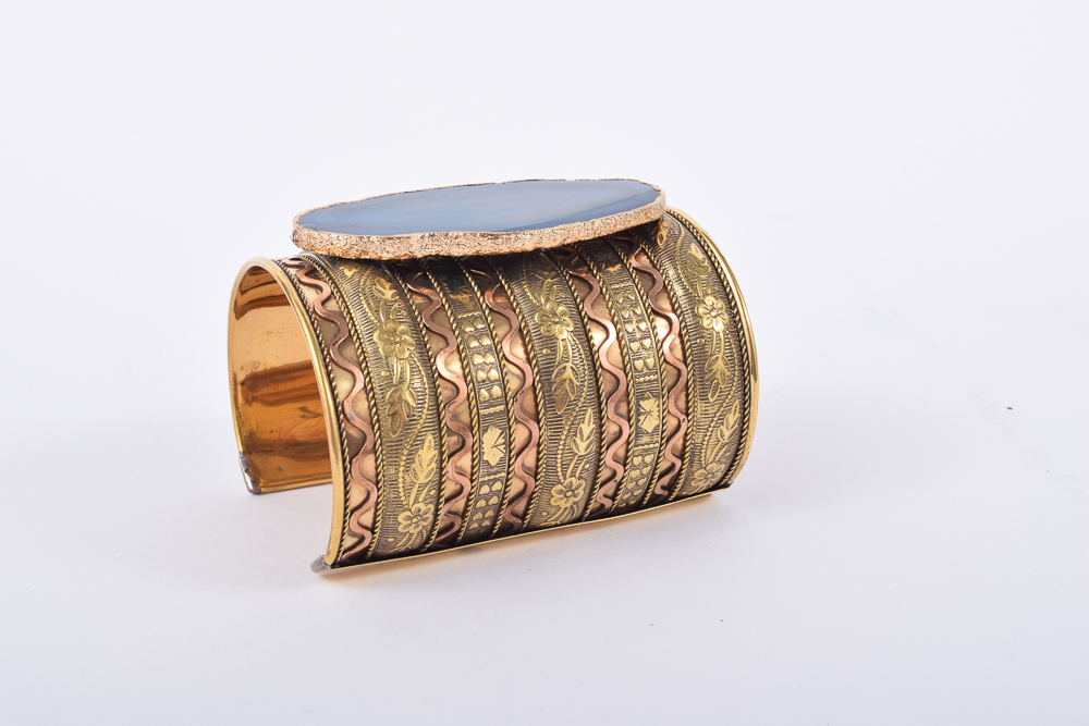 Handmade Wide Brass Cuff Bracelet with Agate Embellishment