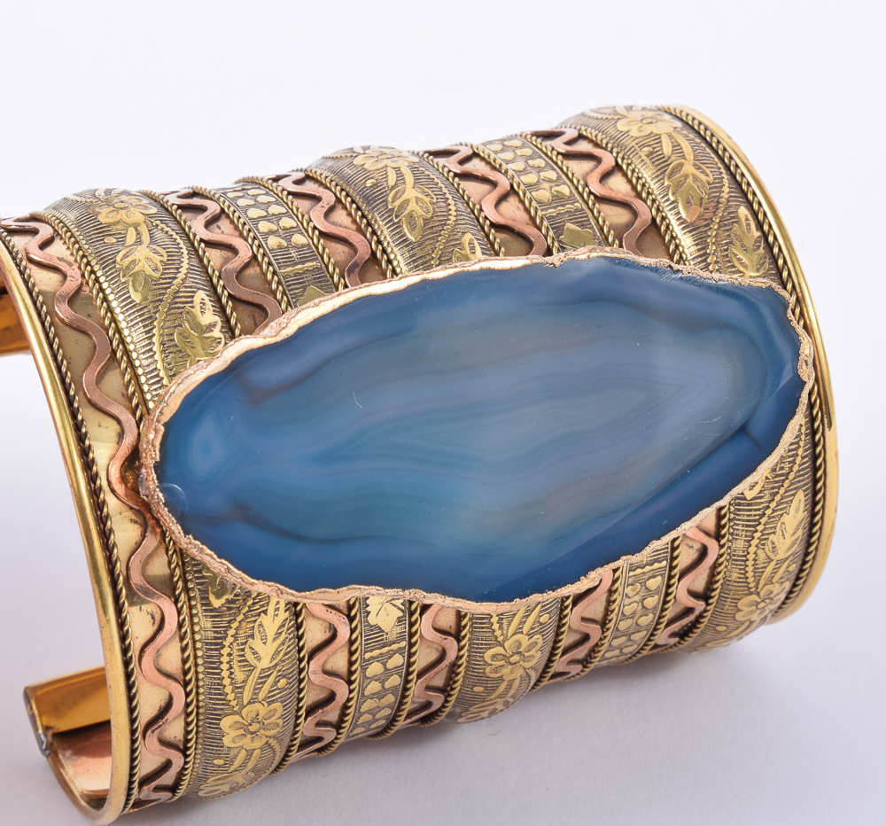 Handmade Wide Brass Cuff Bracelet with Agate Embellishment