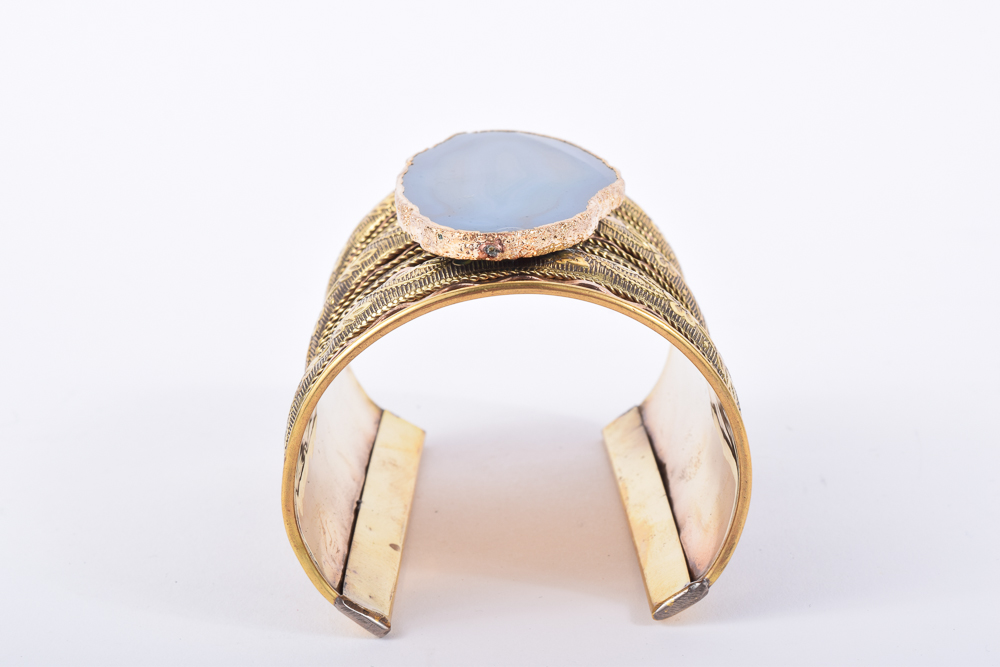 Handmade Wide Brass Cuff Bracelet with Agate Embellishment