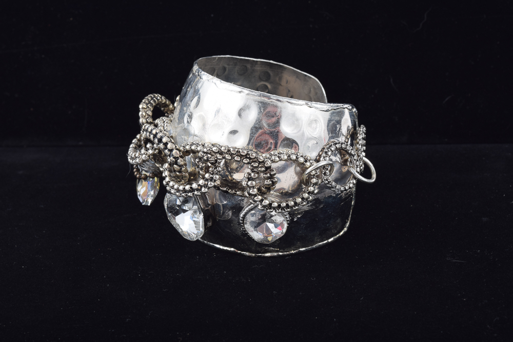 Autographed Pam McMahon Couture Silver Tone and Rhinestone Bangle Bracelet