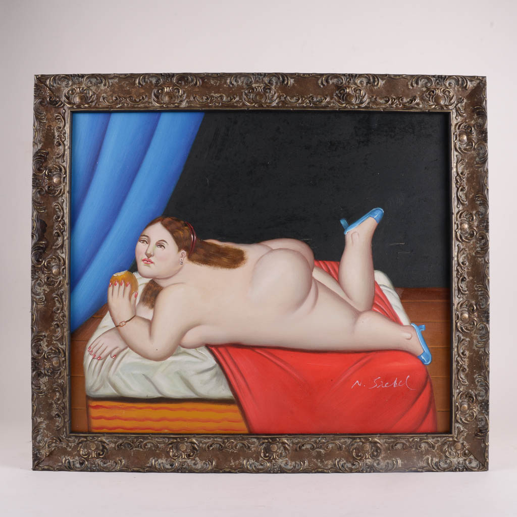 N. Siebel Oil Painting of a Woman in the Style of Fernando Botero