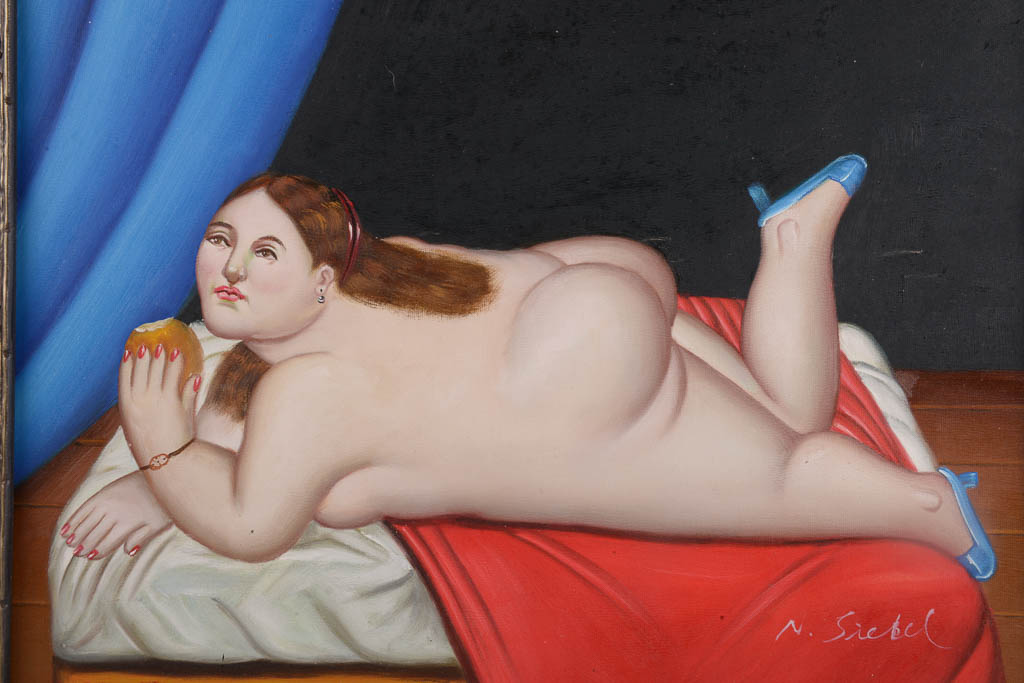 N. Siebel Oil Painting of a Woman in the Style of Fernando Botero