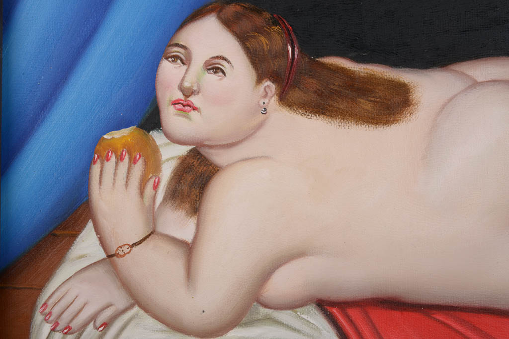 N. Siebel Oil Painting of a Woman in the Style of Fernando Botero