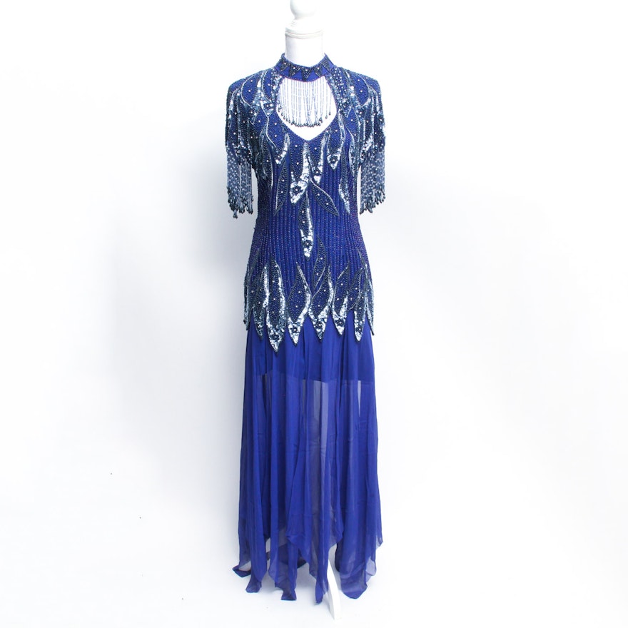 Vintage Sapphire Blue Beaded Gown Attributed to Stenay