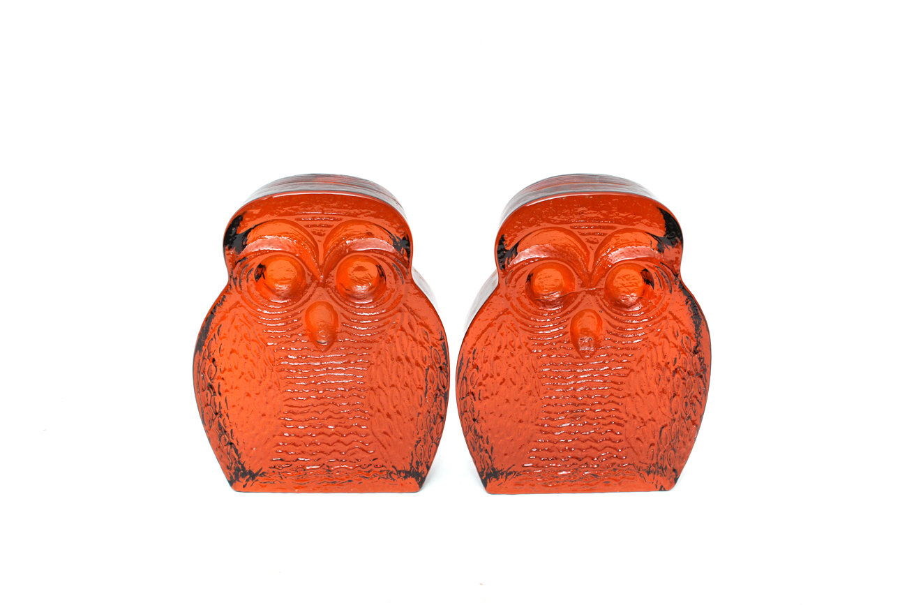Pair of Amber Glass Owls by Joel Myers for Blenko