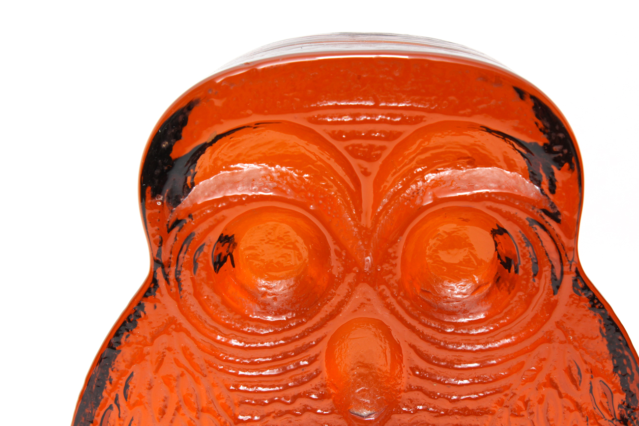 Pair of Amber Glass Owls by Joel Myers for Blenko